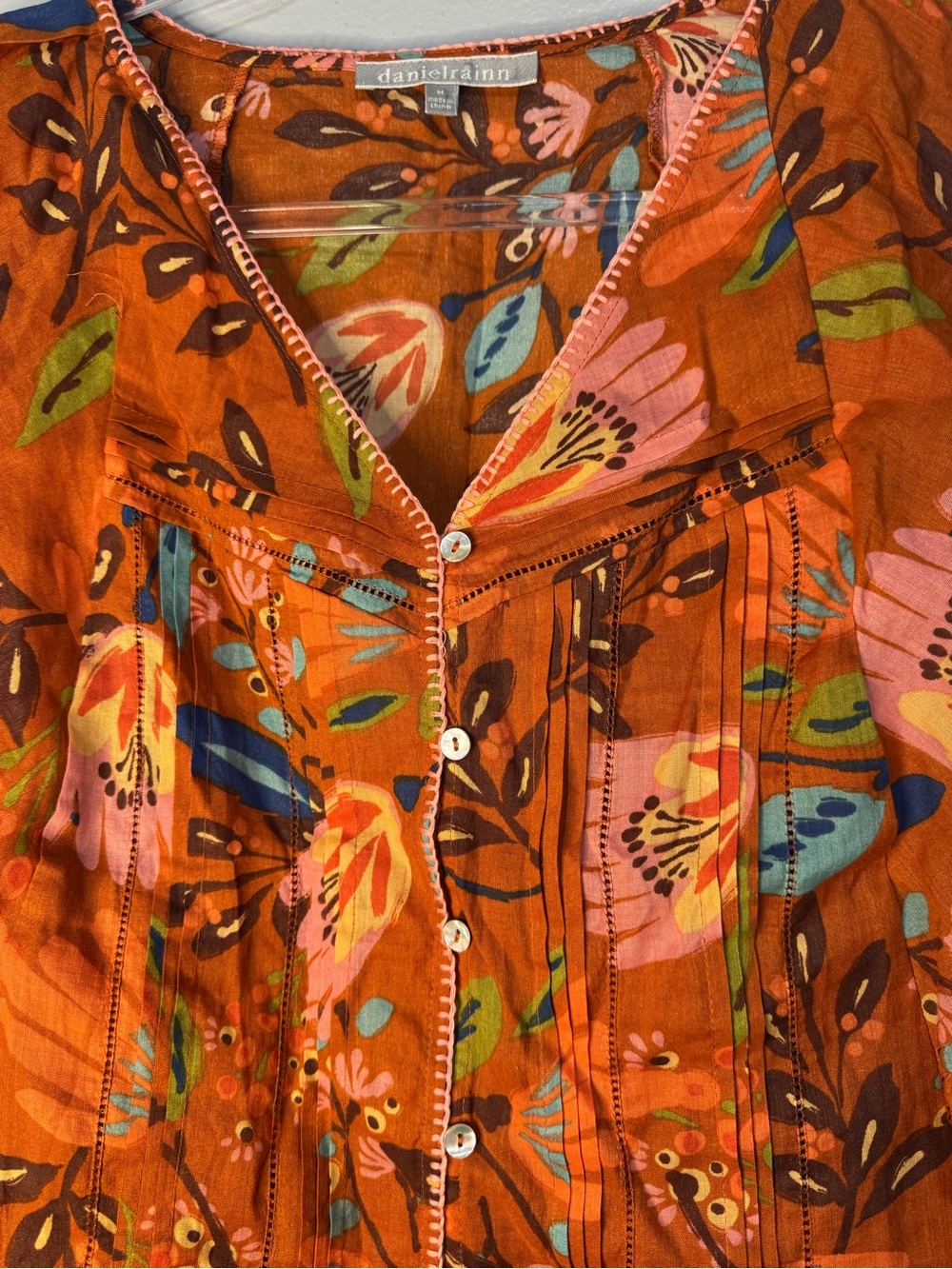 Daniel Rainn Orange Floral Linen Cotton Button-Front Blouse Flutter Sleeve Med - Picture 2 of 10
